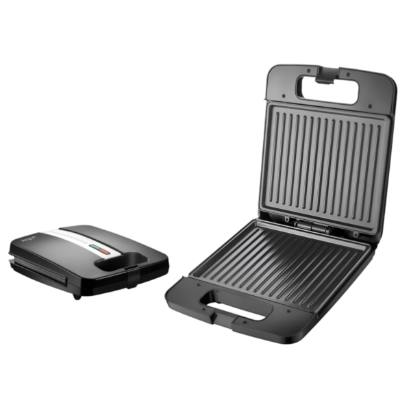 sandwichera grill, sandwichera 1400W, grill antiadherente, sandwichera grande, parrilla eléctrica, sandwichera negra, electrodoméstico para cocina, grill para sándwiches, tostadora de pan, plancha de cocina eléctrica.