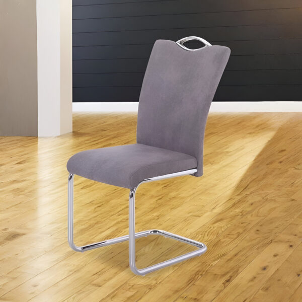 silla Valencia, silla tapizada, silla para comedor, silla con patas cromadas, silla moderna, silla cómoda, silla ergonómica, silla gris, silla para oficina.