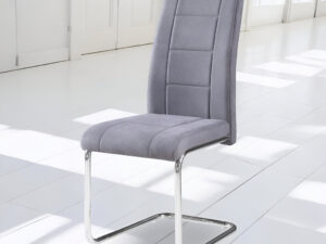 silla moderna, silla gris, silla con patas cromadas, silla para oficina, silla para comedor, silla cómoda, silla de diseño minimalista.