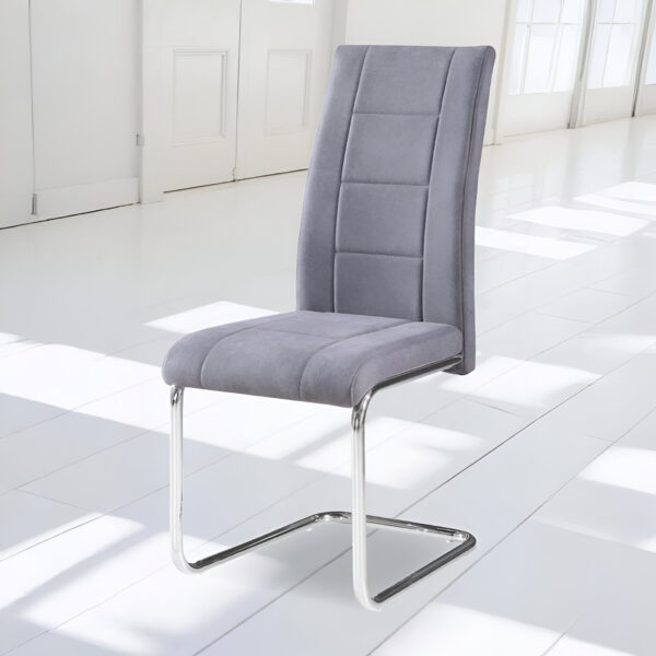 silla moderna, silla gris, silla con patas cromadas, silla para oficina, silla para comedor, silla cómoda, silla de diseño minimalista.