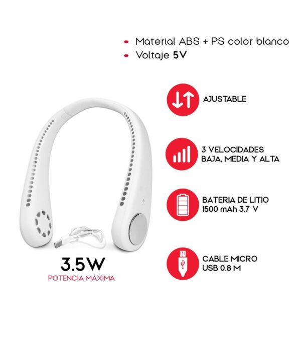 ventilador de cuello, ventilador recargable, ventilador portátil, ventilador manos libres, ventilador ergonómico, ventilador con 3 velocidades, ventilador USB, ventilador de 1500 mAh, ventilador para actividades al aire libre, ventilador para caminar, ventilador para oficina, ventilador ajustable, ventilador moderno, mini ventilador, ventilador blanco