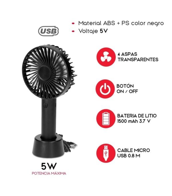 Ventilador Portátil Recargable USB 1500 mAh – Compacto, Silencioso y de Tres Velocidades - Imagen 4